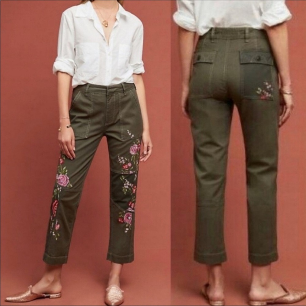 Anthropologie Green Khaki Embroidered Pants